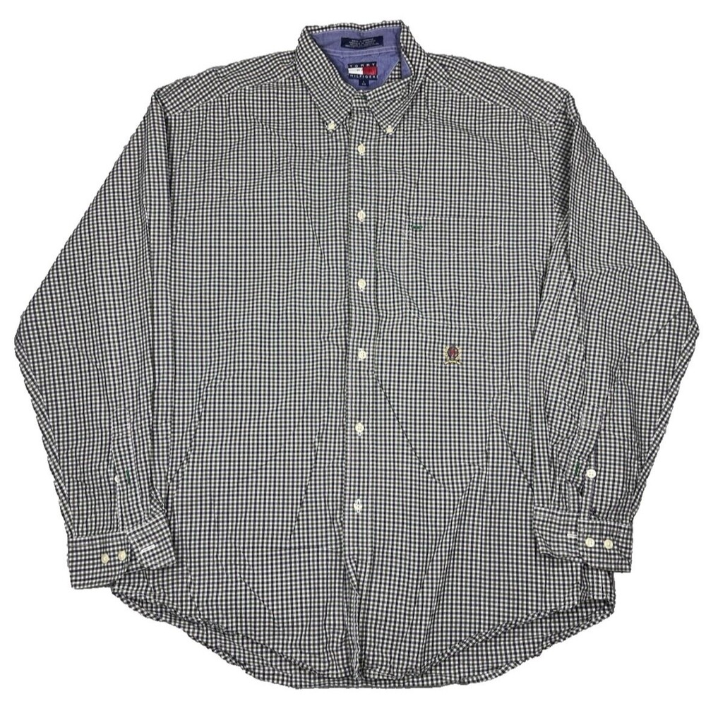 Tommy Hilfiger Mens Large Green Navy White Check Woven Cotton Button Up Shirt